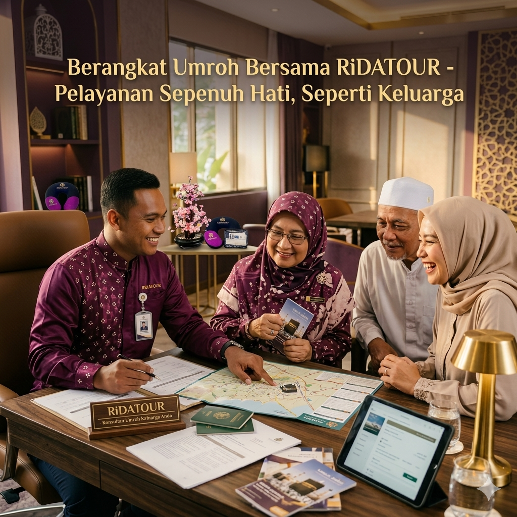 Konsultasi perjalanan bersama tim RiDATOUR — keluarga jamaah dan pemandu profesional